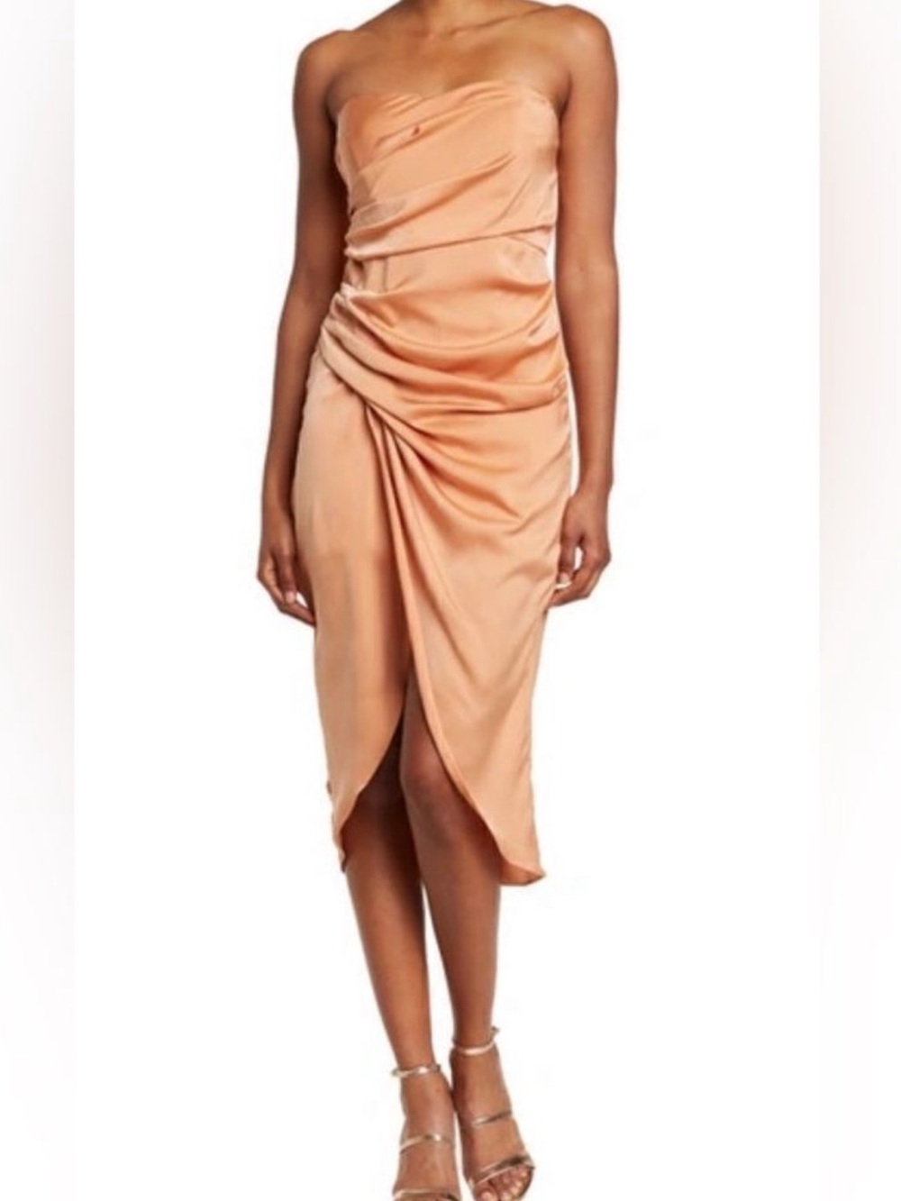 NWT. DO+BE Strapless Ruched Tulip-Hem Midi Dress in Peachy Orange